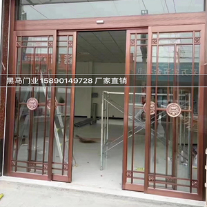 仿古铜拉丝造型感应门电泳拉丝铝合金型材感应门高端定制紫铜色