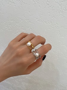 韩国东大门代购ouioui银饰 纯银双层哑光锡纸纽结珍珠开口戒指