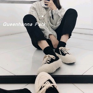 秋冬网红阿希哥mona同款复古系带毛毛鞋女韩版休闲羊羔毛乐福鞋潮