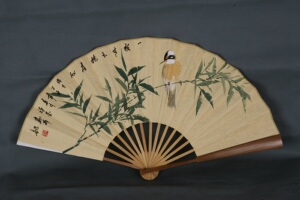 x7 一尺折扇【55】写意花鸟 国画 竹子绿竹小鸟 字画 手绘 有款