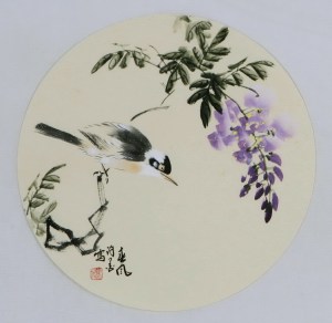 x7 圆形小品 写意花鸟【129】国画小鸟紫藤花字画 手绘 有款