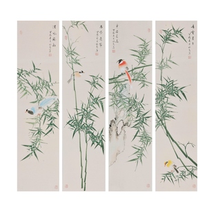 名家 连俊洲 风格【33】写意花鸟 国画 竹子绿竹绶带 手绘 四条屏