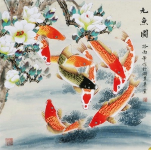 名家 路雨年 风格【542】工笔鲤鱼 国画 玉兰九鱼图 手绘四尺斗方