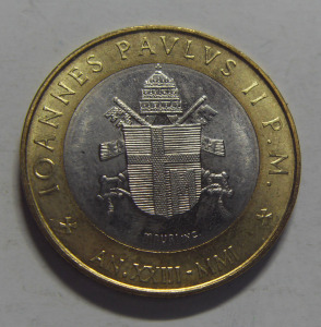 梵蒂冈 2001年 1000里拉, 教皇 - 约翰·保罗二世 双色 镶嵌 币