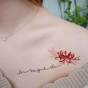 英文彼岸花纹身贴曼珠沙华女防水彩色逼真锁骨性感胸前持久闺蜜贴