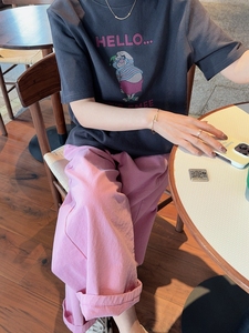 韩国东大门女装春季通勤休闲风可爱卡通印花深灰色显瘦短袖T恤