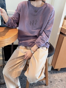 韩国女装代购春季通勤减龄休闲风刺绣小女孩紫色七分袖套头卫衣