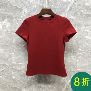特现 高级修身红色短款T恤女夏欧美纯棉显瘦体恤短袖上衣33S9