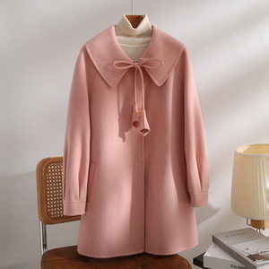 2023新款高端娃娃领系带蝴蝶结双面羊绒大衣a字宽松斗篷毛呢外套