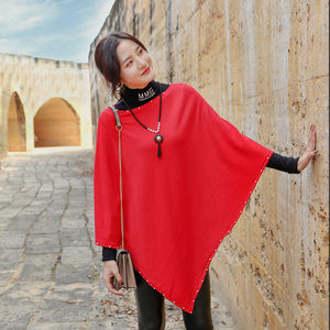 针织披肩女春秋韩版宽松套头钉珠斗篷式中长款披风外套蝙蝠衫上衣