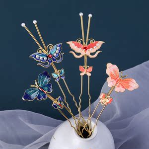 颤珠簪汉服头饰颤枝蝴蝶发簪扑棱蛾子颤簪烧蓝发钗簪子景泰蓝发饰