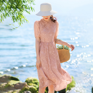 红念中长款碎花连衣裙女夏2021年新款女装气质收腰荷叶边雪纺