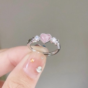 s925纯银粉色猫眼石爱心戒指女潮甜美可爱小众设计心形可调节指环
