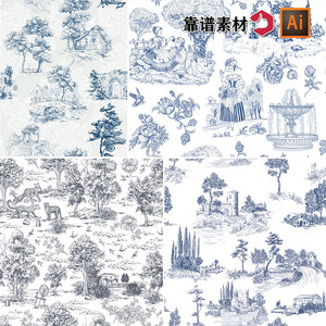 古典乡村宫廷庄园树林蓝色手绘素描草图印花图案AI矢量设计素材