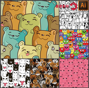 各种动物一群动物排队叠加无缝拼接卡通印花图案ai矢量设计素材
