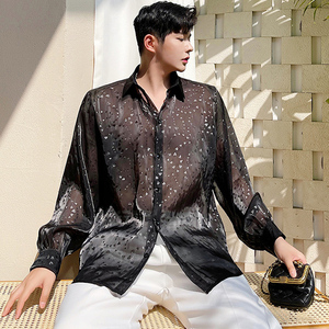 ins风透视薄款欧根纱衬衫男翻领长袖透明网纱衬衣防晒衣外搭外套