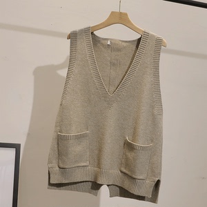韩版深v领纯色针织马甲女宽松春季时尚口袋毛线衫背心无袖外穿潮