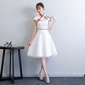 短款蕾丝短袖学生颁奖礼仪服演出服2021迎宾服校庆毕业礼服裙白色