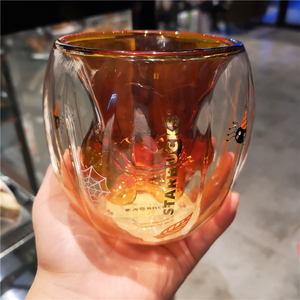 星巴克万圣节6oz橘色猫爪款双层玻璃杯女可爱粉色保温水杯子樱花