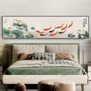 新中式床头画挂画2022新款九鱼图荷花聚财主卧室画年年有余装饰画