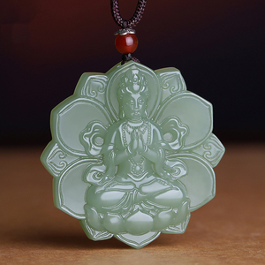 天然和田玉青玉莲花观音吊坠男女玉石圆形莲花坐观音菩萨玉坠玉佩
