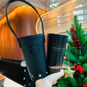 星巴克2020圣诞礼物酷黑皮质铆钉手提杯套不锈钢桌面带盖喝水杯子