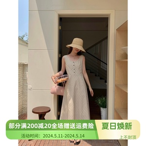 MISS密思家2024夏季新款韩版减龄修身小清晰棉麻波点背心连衣裙子