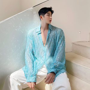 夏季小众珠片透视衬衫长袖夜店亮片流苏性感痞帅坠感网红衬衣男士