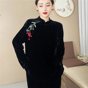 真丝丝绒刺绣上衣女复古气质新中式长袖百搭斜襟小褂衬衫早秋2578