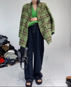 欧洲站2023绿格子西装韩国时尚阔版羊毛西服外套女羊绒大衣
