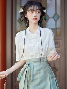 配马面裙的衬衣白色古风改良盘扣上衣新中式日常仙气女装中袖衬衫