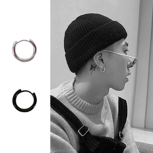 韩国加粗耳环耳钉饰品女钛钢黑色不锈钢潮男个性圆圈耳圈耳扣耳饰