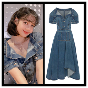 2021夏季新款lisa明星同款泡泡袖收腰不规则中长款牛仔连衣裙女