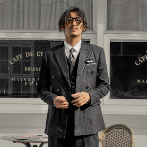 soarin英伦风复古双排扣西装男 商务正装黑色条纹职业装西服外套