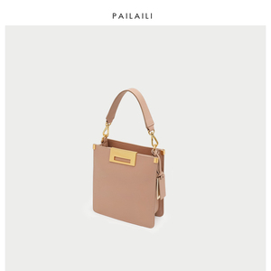 【pailaili】方形纯色手提包 简洁金属搭配 新款牛皮