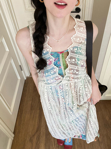 法式重工蕾丝刺绣叠穿长款罩衫夏季设计感复古油画碎花吊带连衣裙