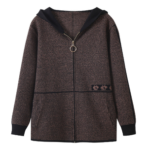 妈妈装中老年人秋冬上衣服针织羊毛开衫连帽时尚毛衣春秋外穿外套