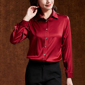 女士真丝衬衫桑蚕丝重磅大红色杭州正宗品牌女式衬衣中年高档上衣