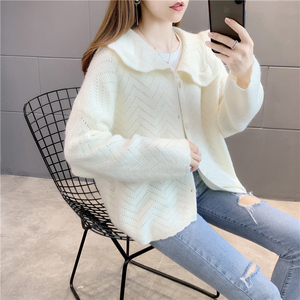 娃娃领镂空针织衫女开衫2020新款薄款毛衣外套宽松甜美小女生秋装