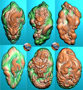 随形龙挂件双面精雕图两面龙牌电脑机雕图玉雕图深雕龙戏珠猛龙头