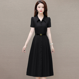 夏季连衣裙女2024年新款衬衣领系腰带黑色中长款短袖减龄50岁裙子