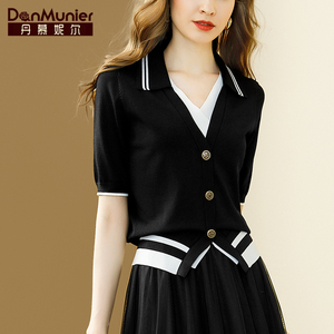 丹慕妮尔时尚设计感黑色v领针织衫女夏新款气质百搭修身上衣