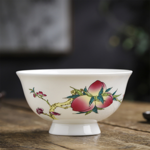 5寸景德镇骨瓷高足碗 寿桃寿公婆长寿陶瓷碗老人生日刻字碗定制