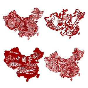 中国梦剪纸图案4张中国地图刻纸图样电子版素材高清黑白打印底稿