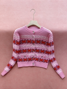 C2924女装时尚款粉红色圆领拼色条纹百分百羊绒长袖针织开衫毛衣