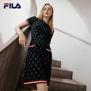 fila斐乐女子连衣裙2022夏季新款商务休闲运动长裙套头满印连衣裙