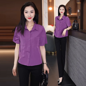 夏季女士衬衫女衬衣短袖半袖2024年新款短款垂感百搭上衣紫色小衫