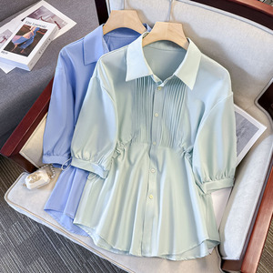 韩版简约气质干练短袖衬衫大码女装夏季小衫设计感抽褶Polo领上衣