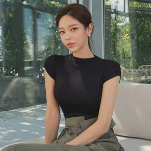 韩国东大门新款紧身显瘦性感显胸大半高领短袖t恤女百搭打底上衣