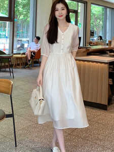高级感气质V领白色连衣裙女夏季2024新款收腰显瘦温柔风雪纺裙子